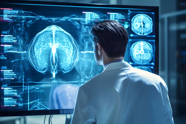A clinician reviewing brain MRI scans
